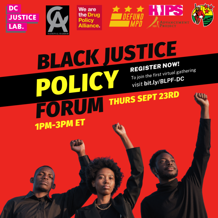 Graphic of Black Justice Policy Forum showing three people in all black attire with their fists raised in the air in solidarity