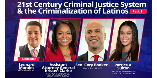 Image of event graphic featuring headshots of Senator Cory Booker, Patrice Sulton, assistant attorney general Kristen Clarke, and moderator Leonard Morales