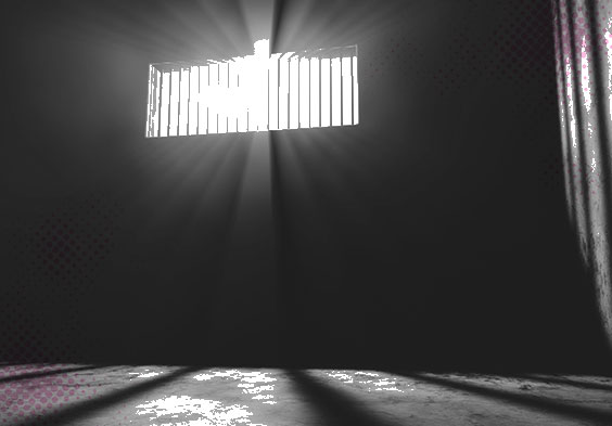 image of the inside of a jail cell with only light coming in from jail-barred window